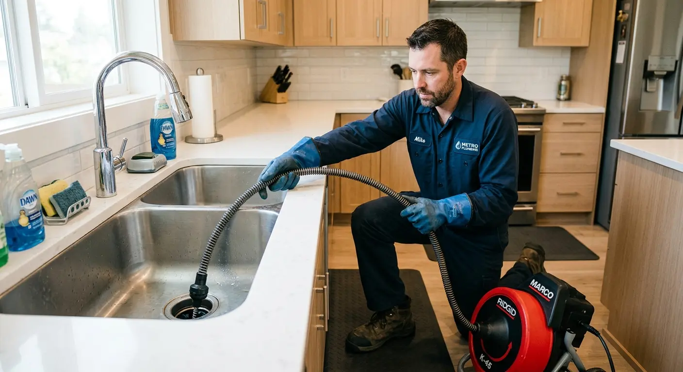 Drain cleaning technician using a motorized snake on a kitchen sink in Punta Gorda
