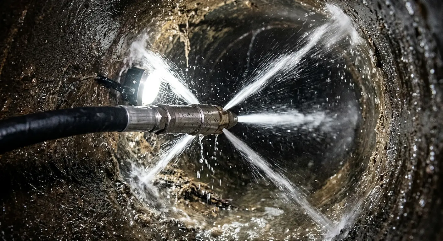 High-pressure hydro jetting nozzle cleaning sewer pipe for Emergency Drain Service in Punta Gorda
