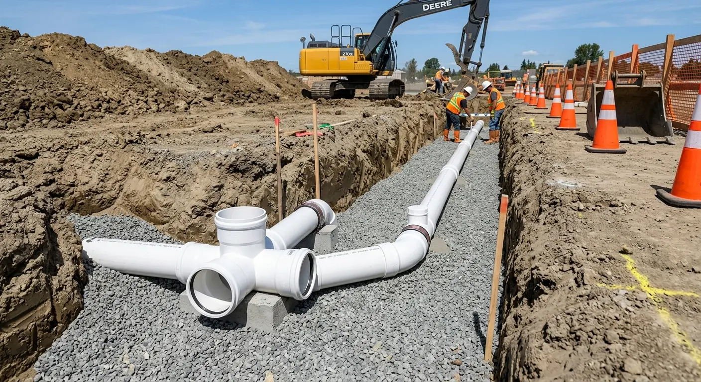 New PVC sewer pipe installation in open trench for Commercial Drain Cleaning in Punta Gorda