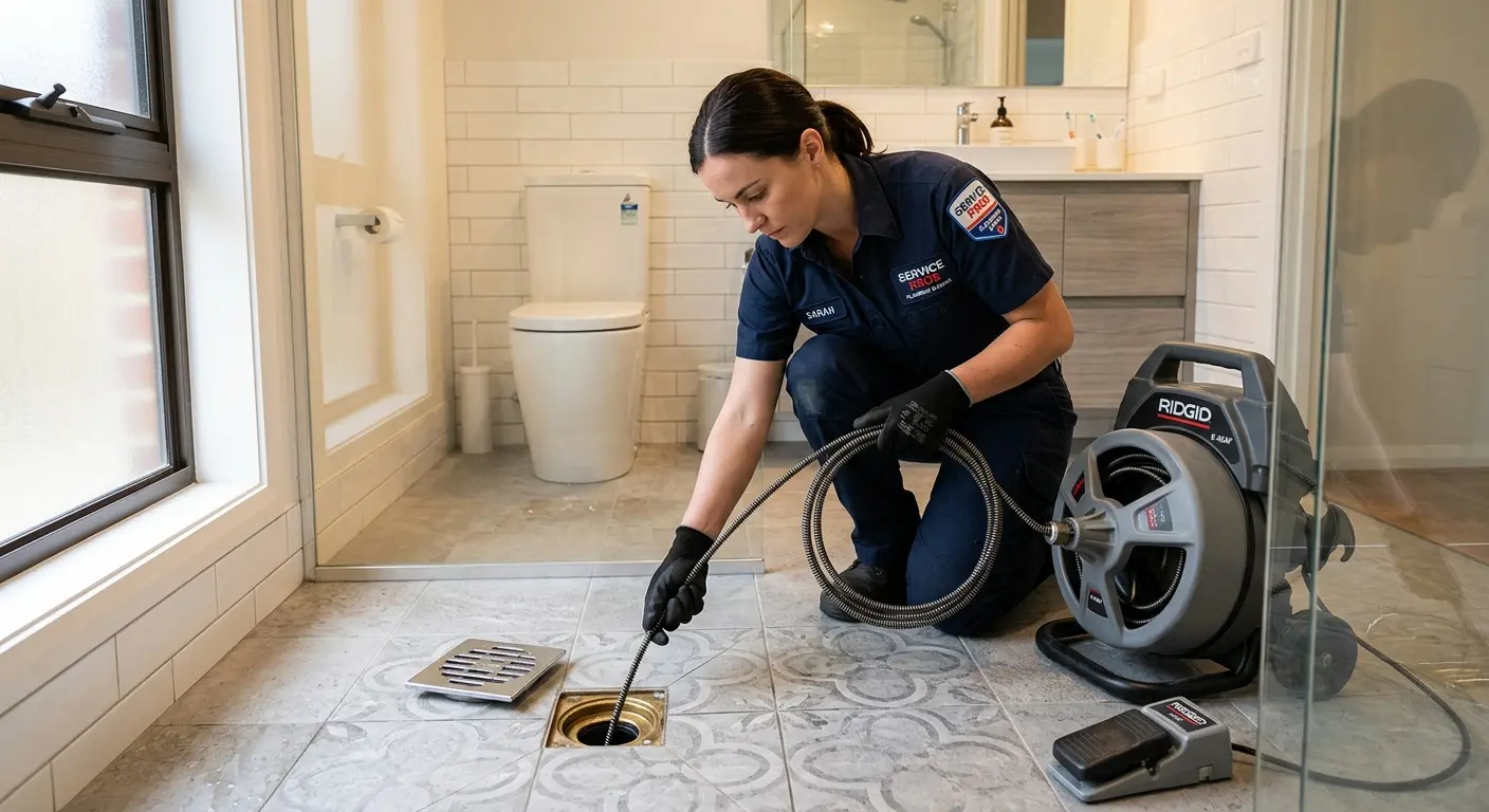 Technician clearing a bathroom floor drain for Sewer Line Replacement in Punta Gorda